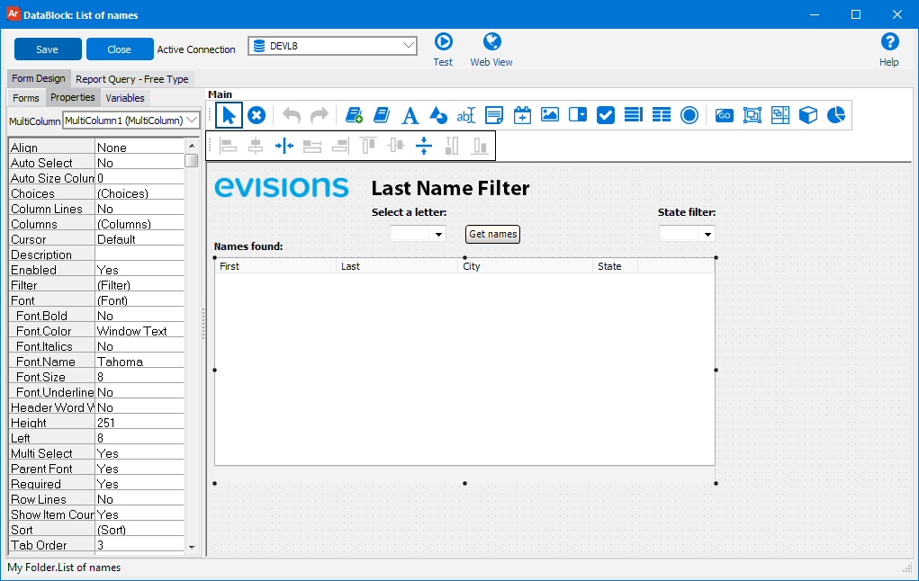 Form Design window showing a dashboard with a multi-column list box for user information.  The list box is selected, and its properties are visible on the left.